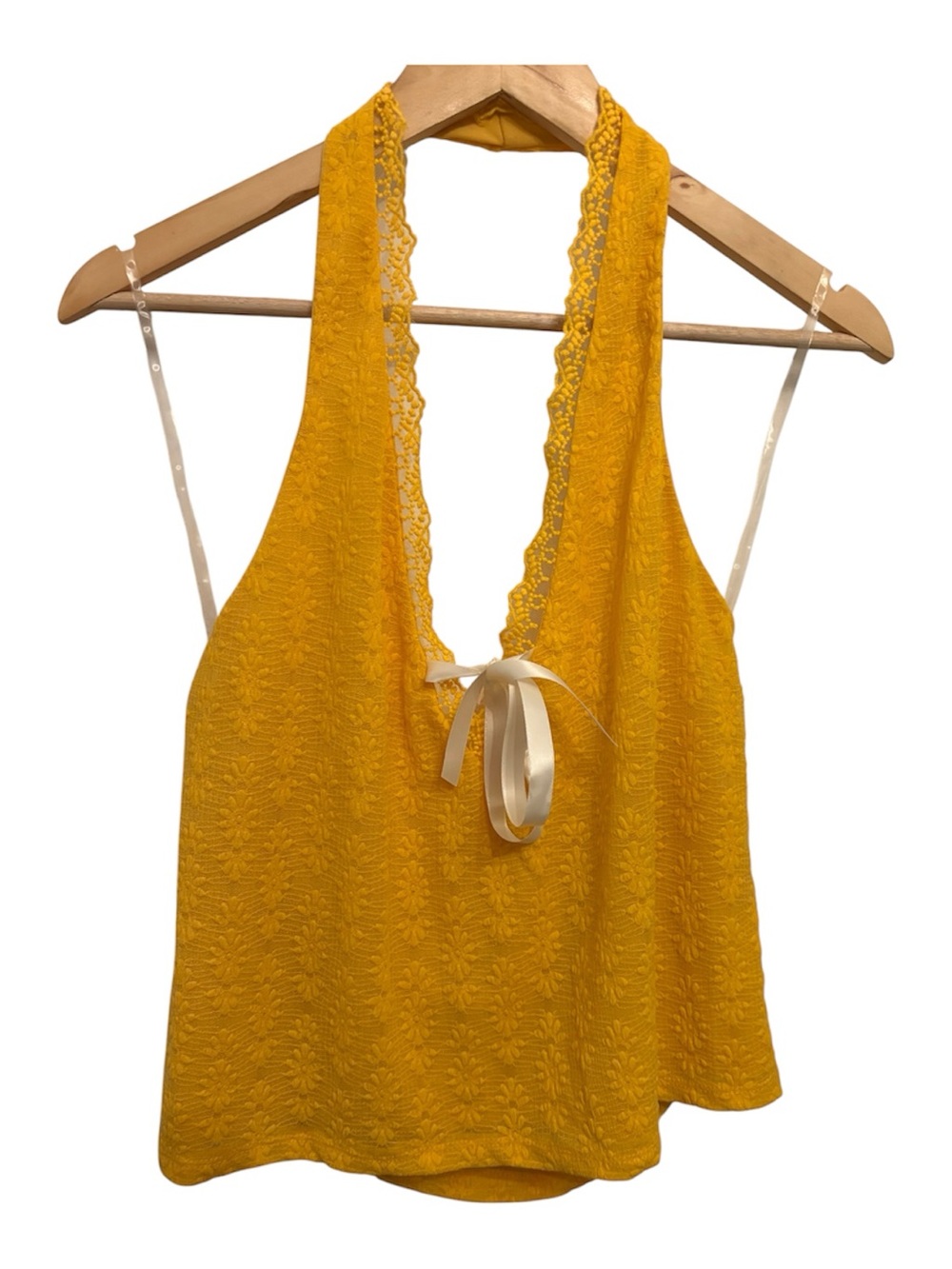 wild fable Yellow Lace-Trim Halter Tank Top